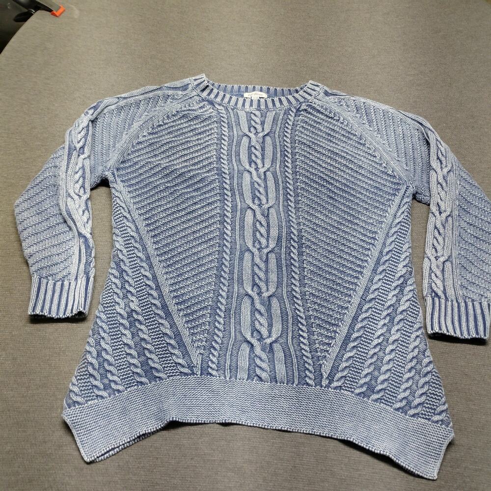 PBJ Blues Women XL TG Blue White Cable Knit Sweater Pullover Long Sleeve